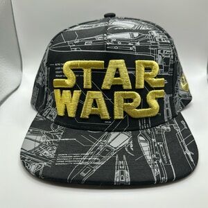 Star Wars X-Wing Blueprint Snapback Hat Cap Gold Logo Letters ThinkGeek Black